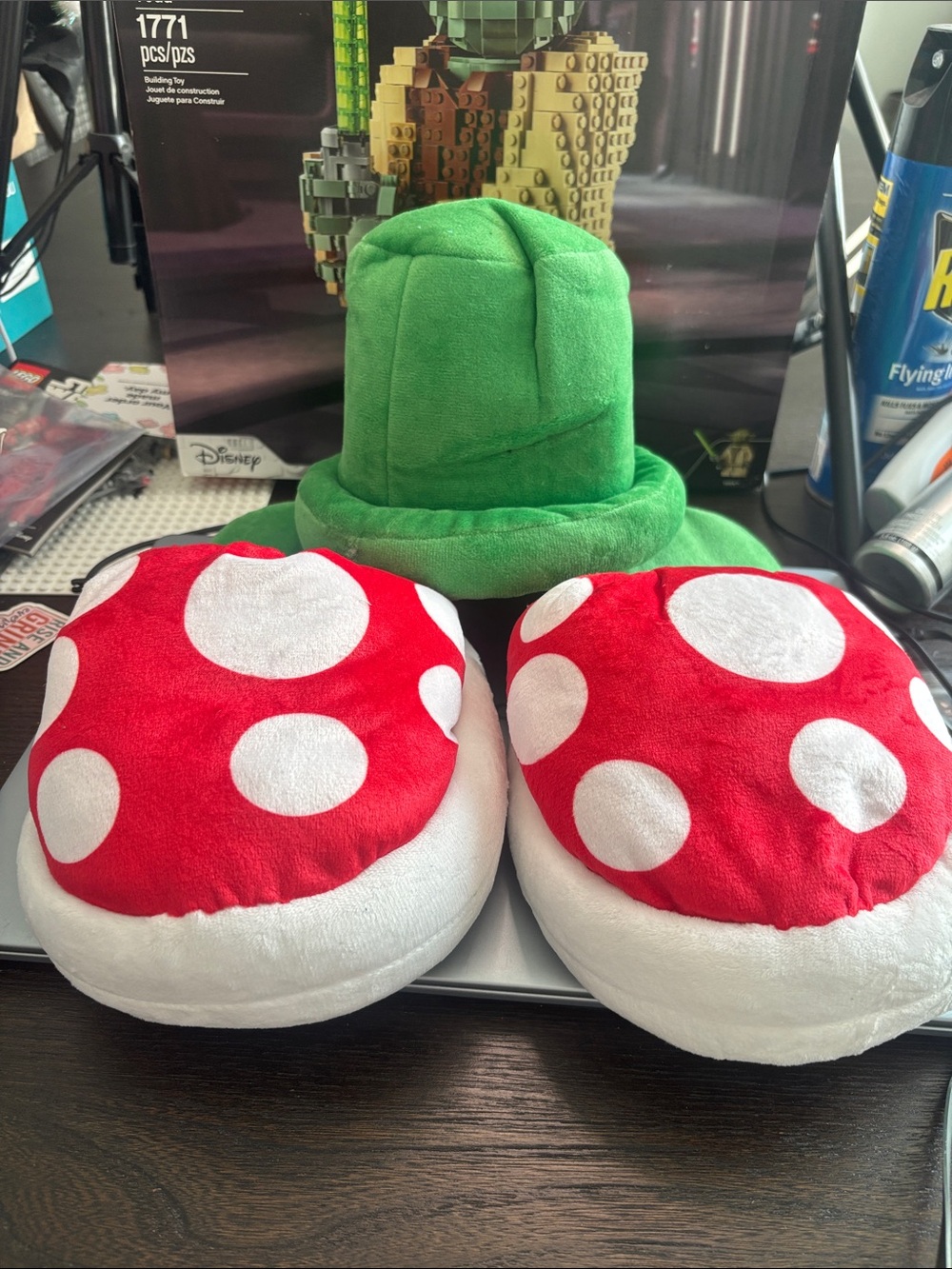 Red & White Polka Mushroom Slippers with Green Plush Hat